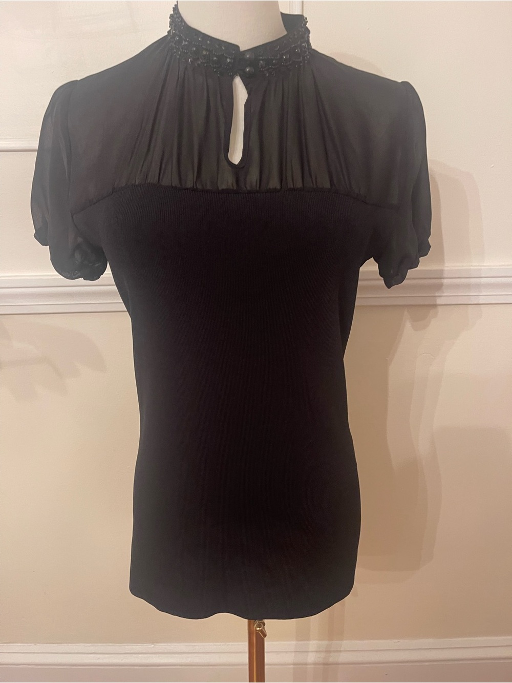 Kenar Black Sheer Yoke Beaded Mock Neck Top